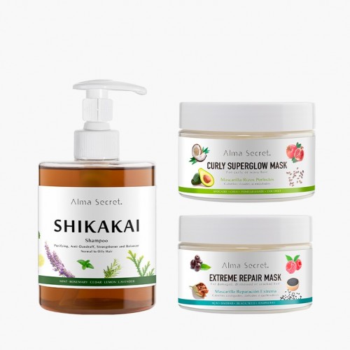 PACK CAPILAR CHAMPÚ SHIKAKAI + CURLY SUPERGLOW MASK + EXTREME REPAIR MASK